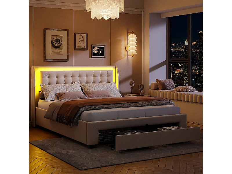 Lit Double 180x200 Cm Rembourré Avec LED, 2 Tiroir Et Coffre, Style Chesterfield, Velours Chic