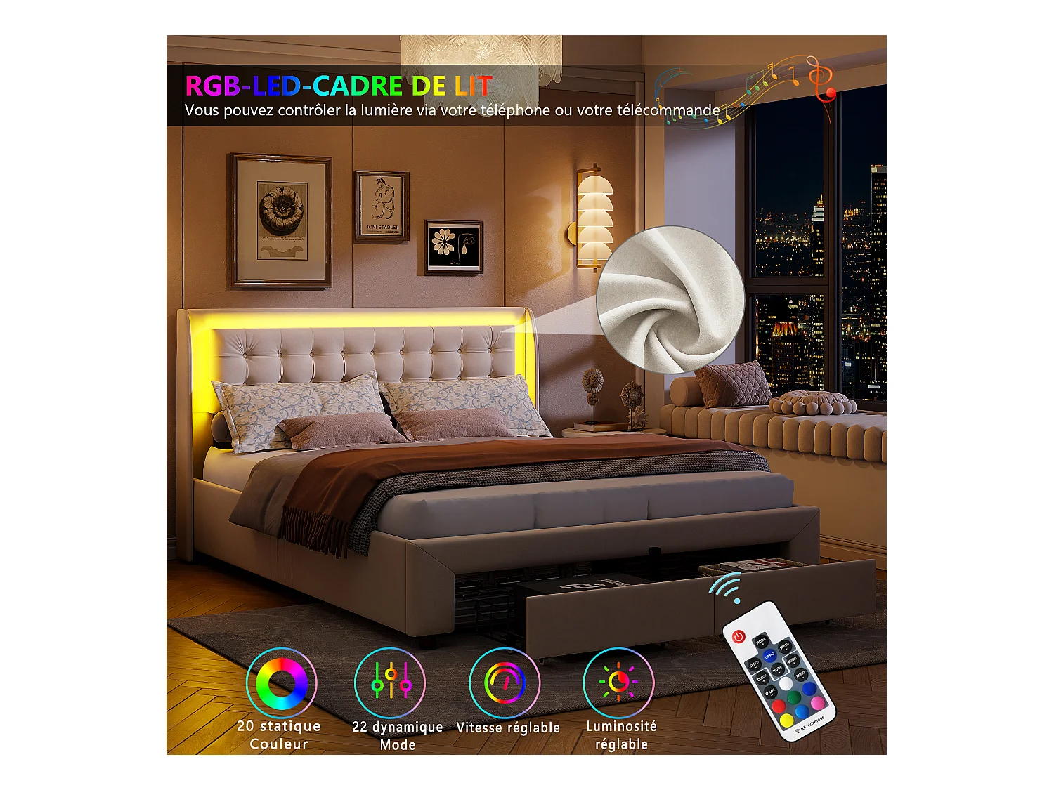 Lit Double 180x200 Cm Rembourré Avec LED, 2 Tiroir Et Coffre, Style Chesterfield, Velours Chic