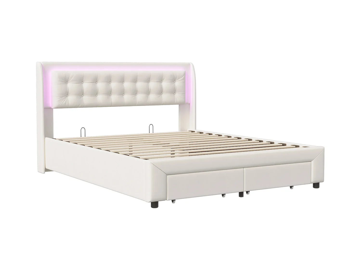 Lit Double 180x200 Cm Rembourré Avec LED, 2 Tiroir Et Coffre, Style Chesterfield, Velours Chic