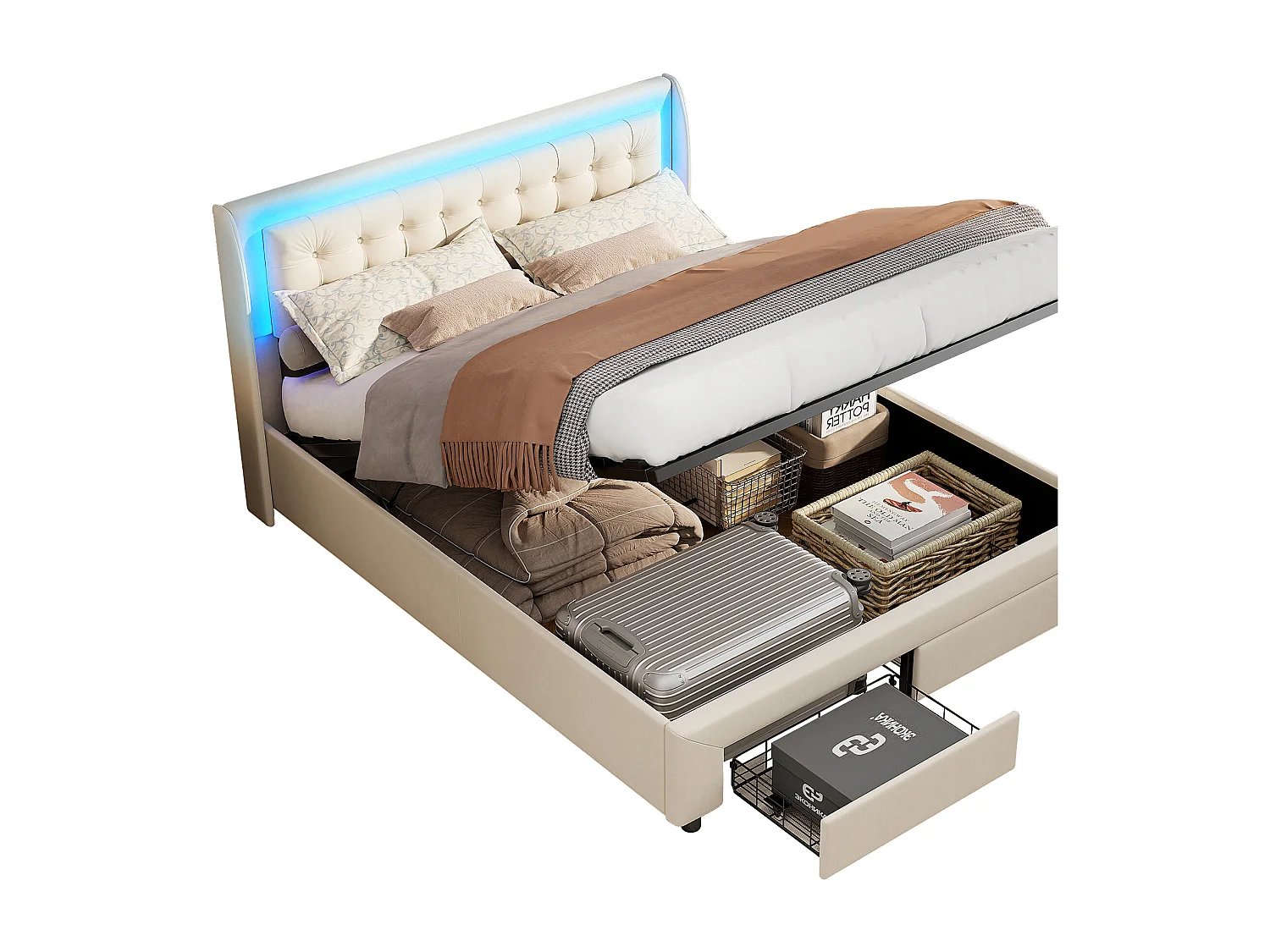 Doppelbett 180x200 cm gepolstert mit LED, 2 Schubladen und Kommode, Chesterfield-Stil, schicker Samt