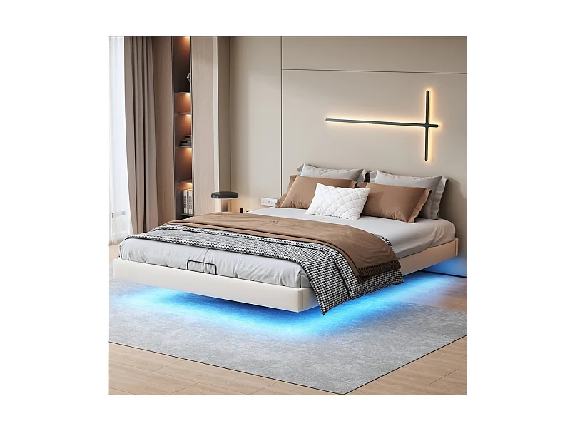 Cadre De Lit 160 X 200 Cm Avec Sommier, Lit Double Avec LED, Cachées Jambes, Beige