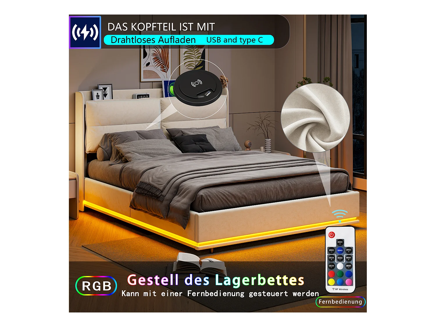 Lit Rembourré 160x200cm Avec Chargement Sans Fil (usb Et Type-c), Lit Double Avec LED, Velours, Beige