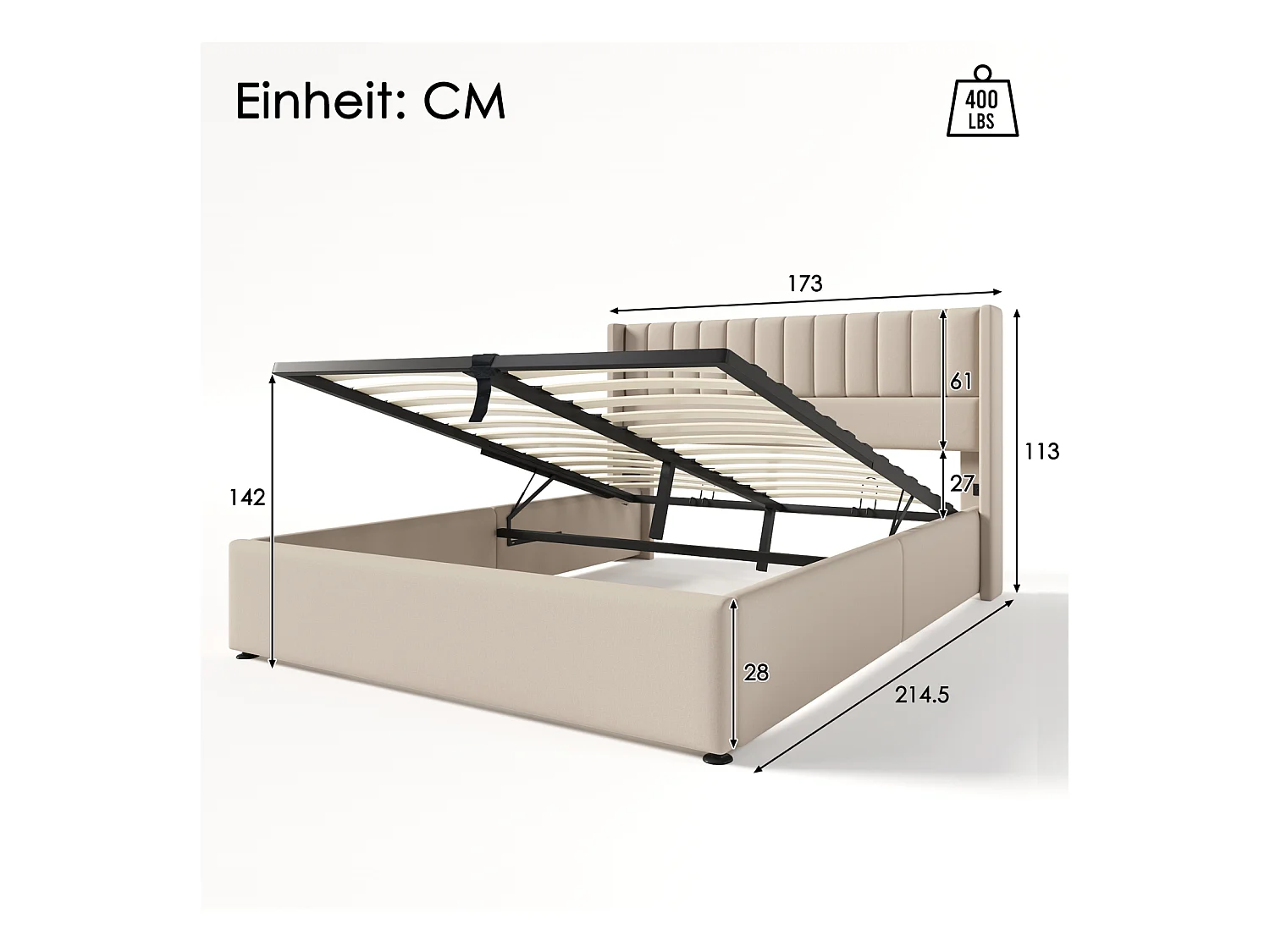 Lit Capitonné,160 X 200 Cm, Avec Sommier à Lattes Hydraulique, Avec Espace De Rangement,beige