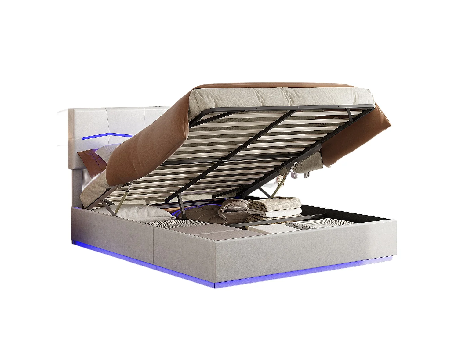 160x200 Stauraumbett mit LED und USB, Polsterbett mit Lattenrost, Doppelbett, Beige