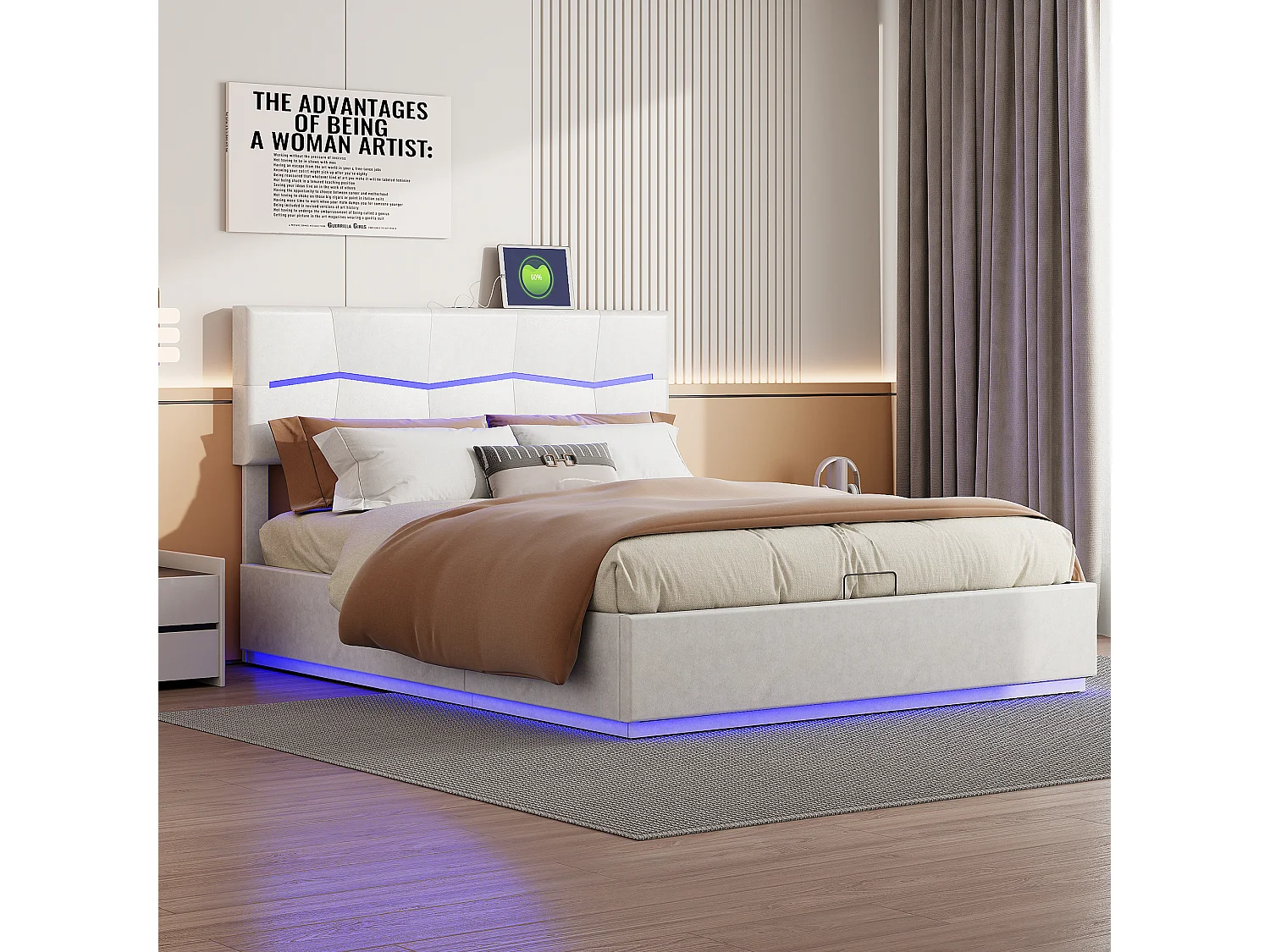 Lit Coffre 160x200 Avec LED Et USB, Lit Capitonné Avec Sommier à Lattes, Lit Double, Beige