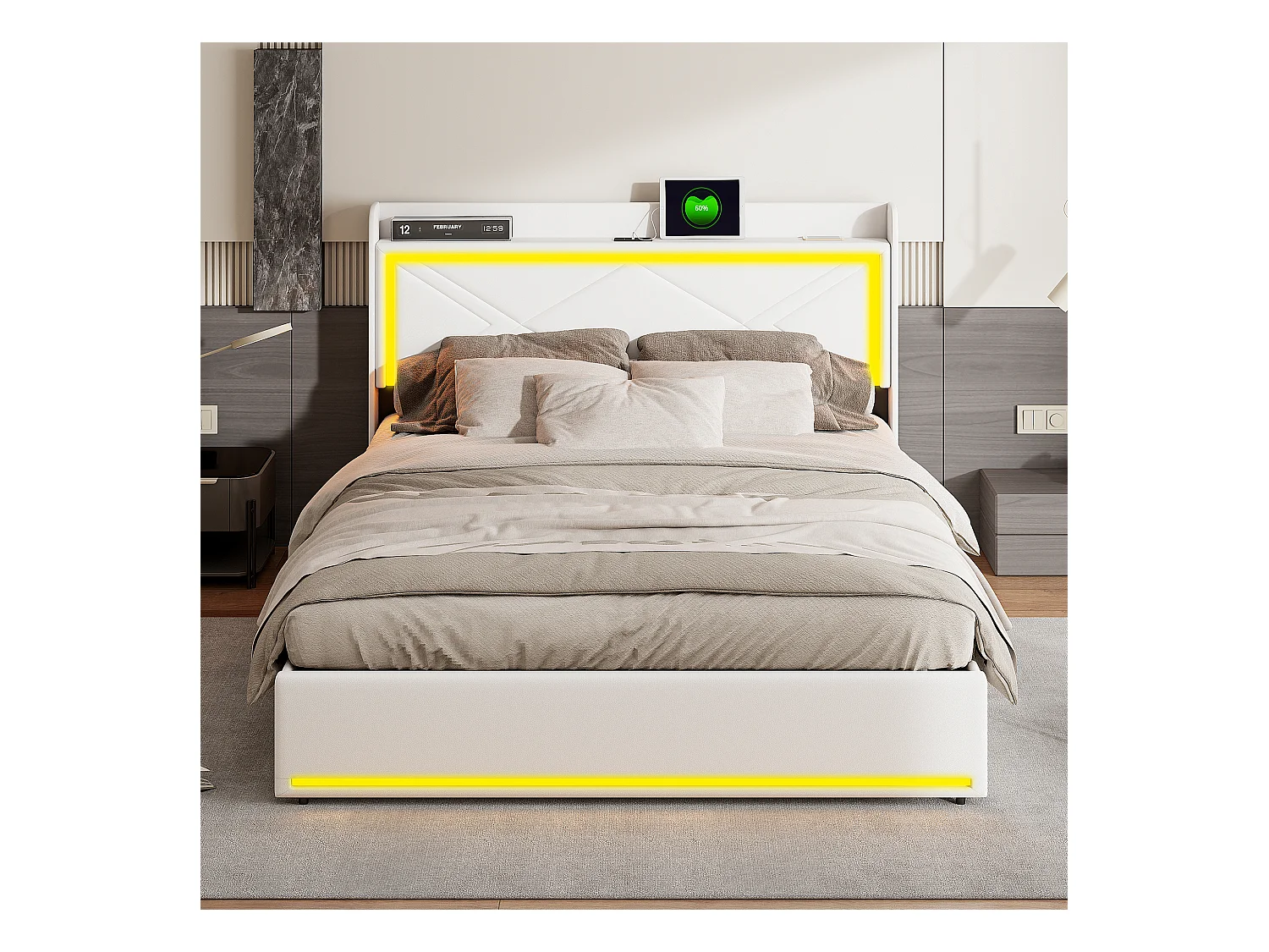 140x200 Bed met LED en USB-basis, 140x200 Opbergbed met hoofdeinde, Wit