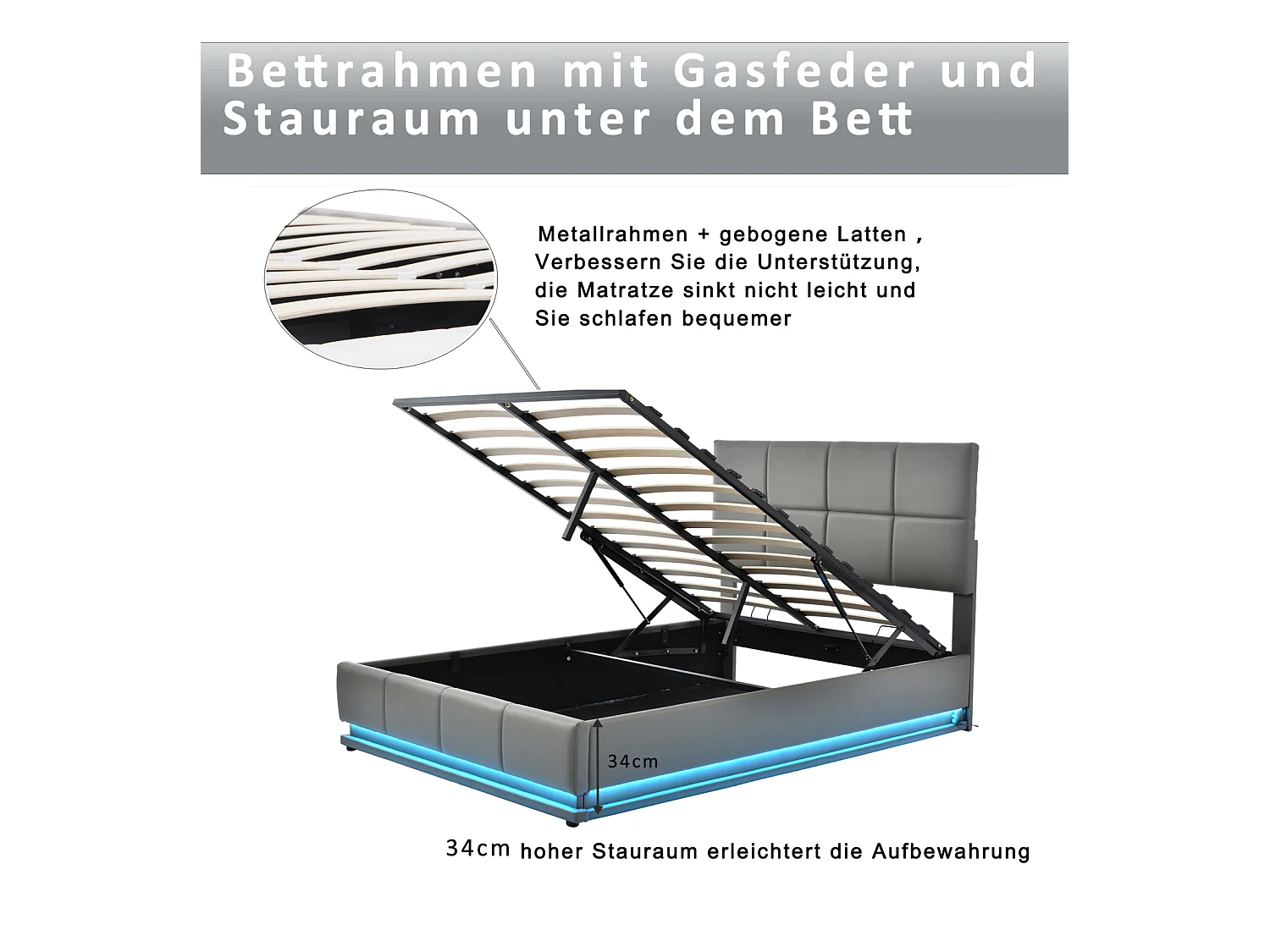 Lit 140x200 Cm Avec LED, Tête Relevable, Sommier Lattes, Rangement, Pu Capitonné, Gris