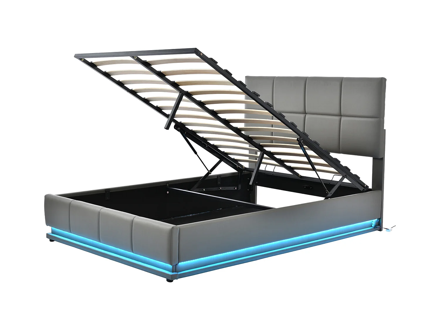 Lit 140x200 Cm Avec LED, Tête Relevable, Sommier Lattes, Rangement, Pu Capitonné, Gris