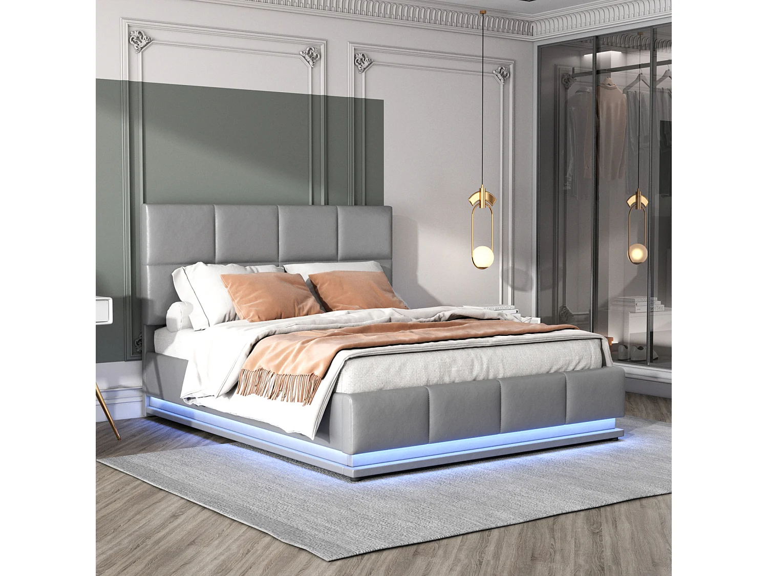 Lit 140x200 Cm Avec LED, Tête Relevable, Sommier Lattes, Rangement, Pu Capitonné, Gris