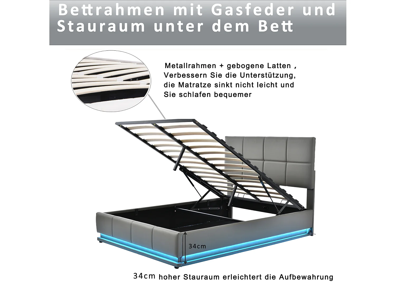 Lit 140x200 Cm Avec LED, Tête Relevable, Sommier Lattes, Rangement, Pu Capitonné, Gris