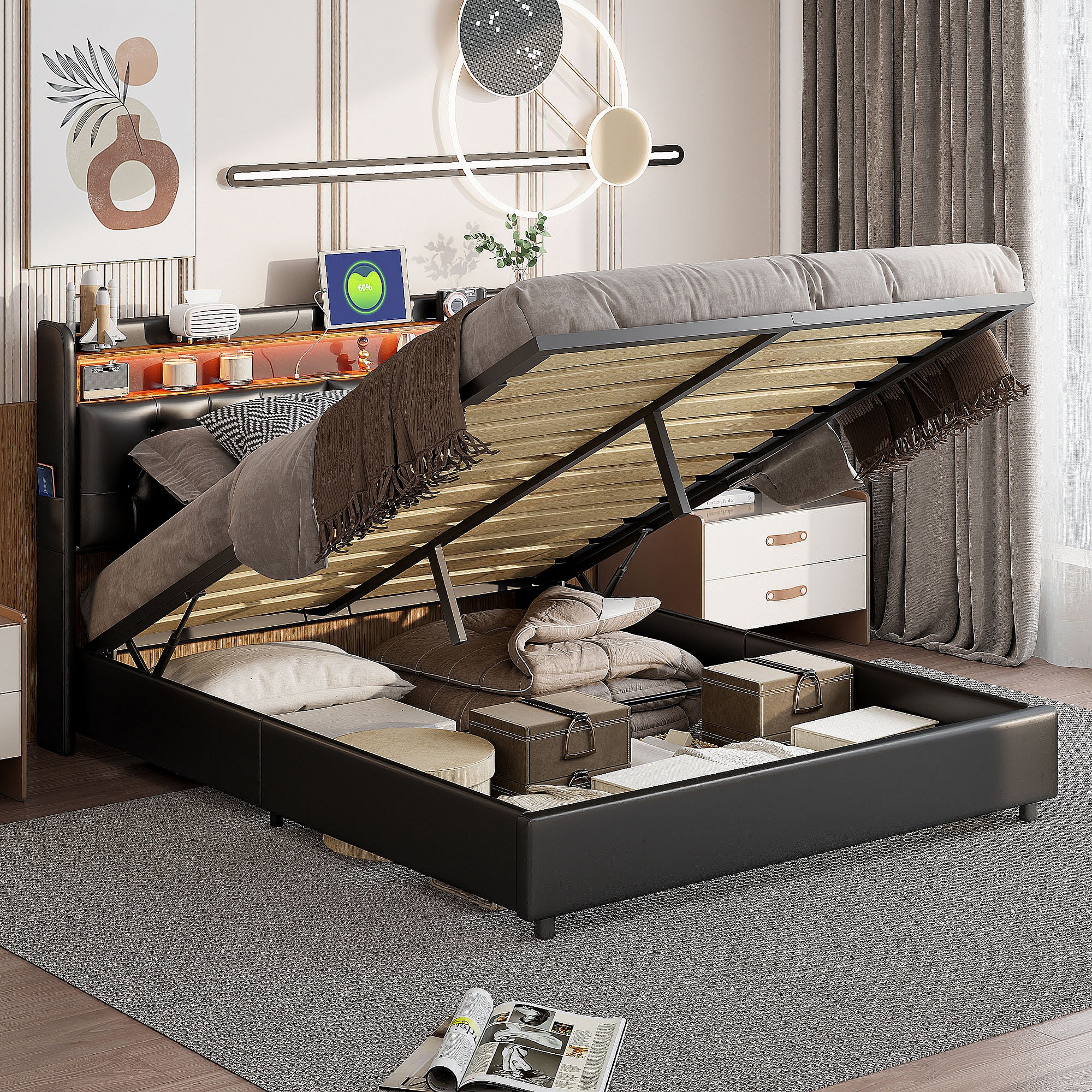 Letto imbottito 160x200 con USB e prese, LED, letto contenitore ...