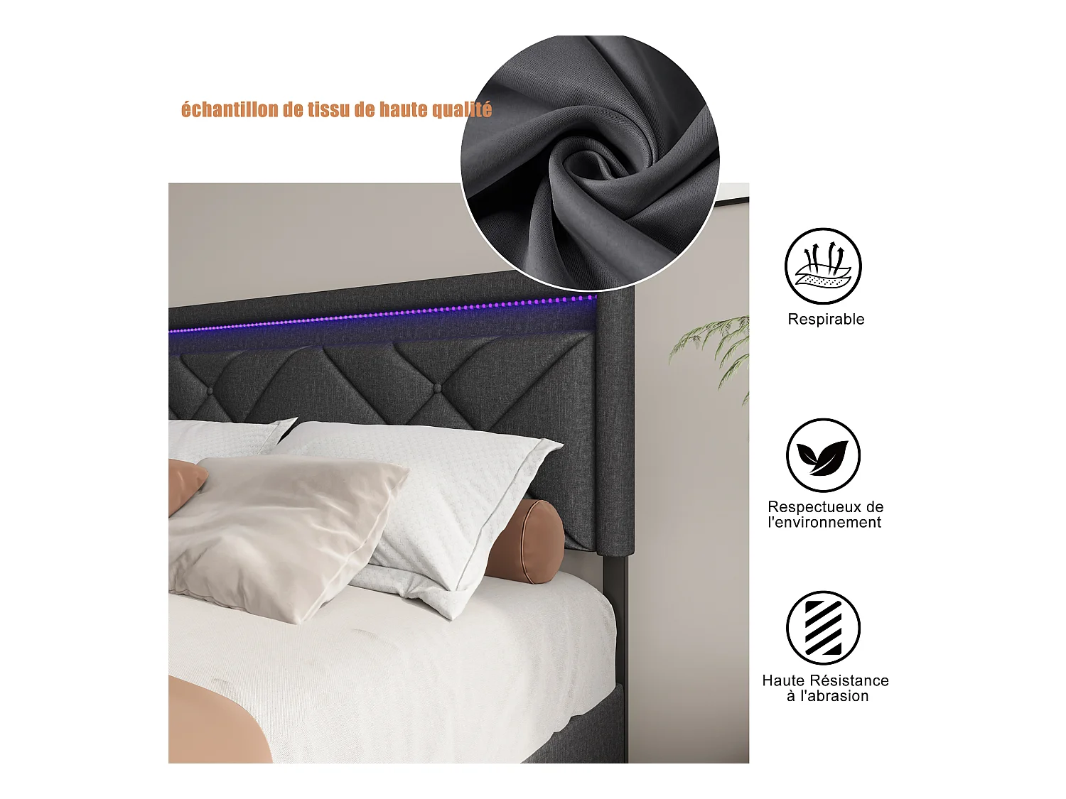 Lit Coffre 140x200 Avec USB Et Type C, Lit Capitonné Avec Sommier à Lattes Et 4 Tiroirs, Lit Double