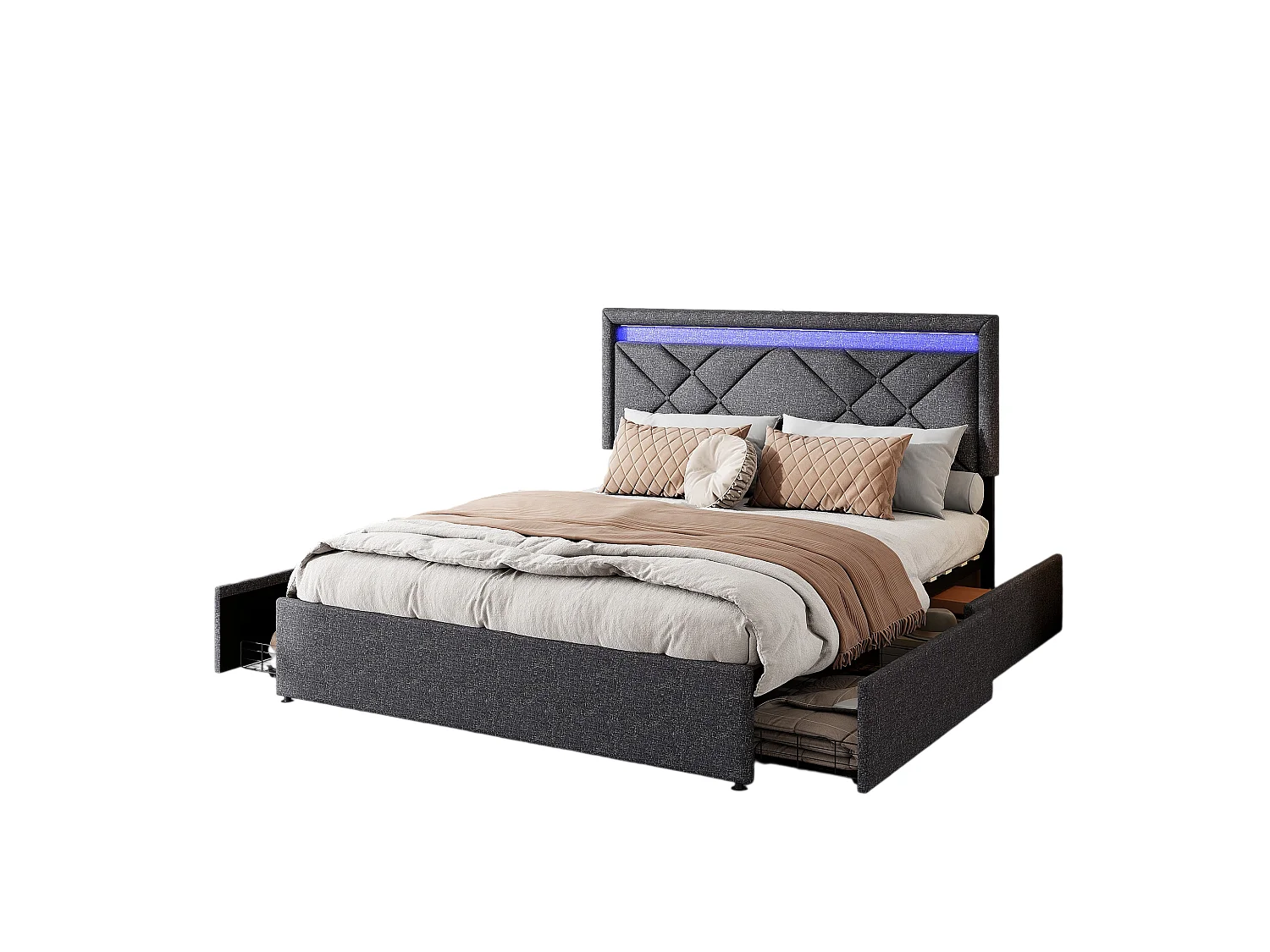 Lit Coffre 140x200 Avec USB Et Type C, Lit Capitonné Avec Sommier à Lattes Et 4 Tiroirs, Lit Double