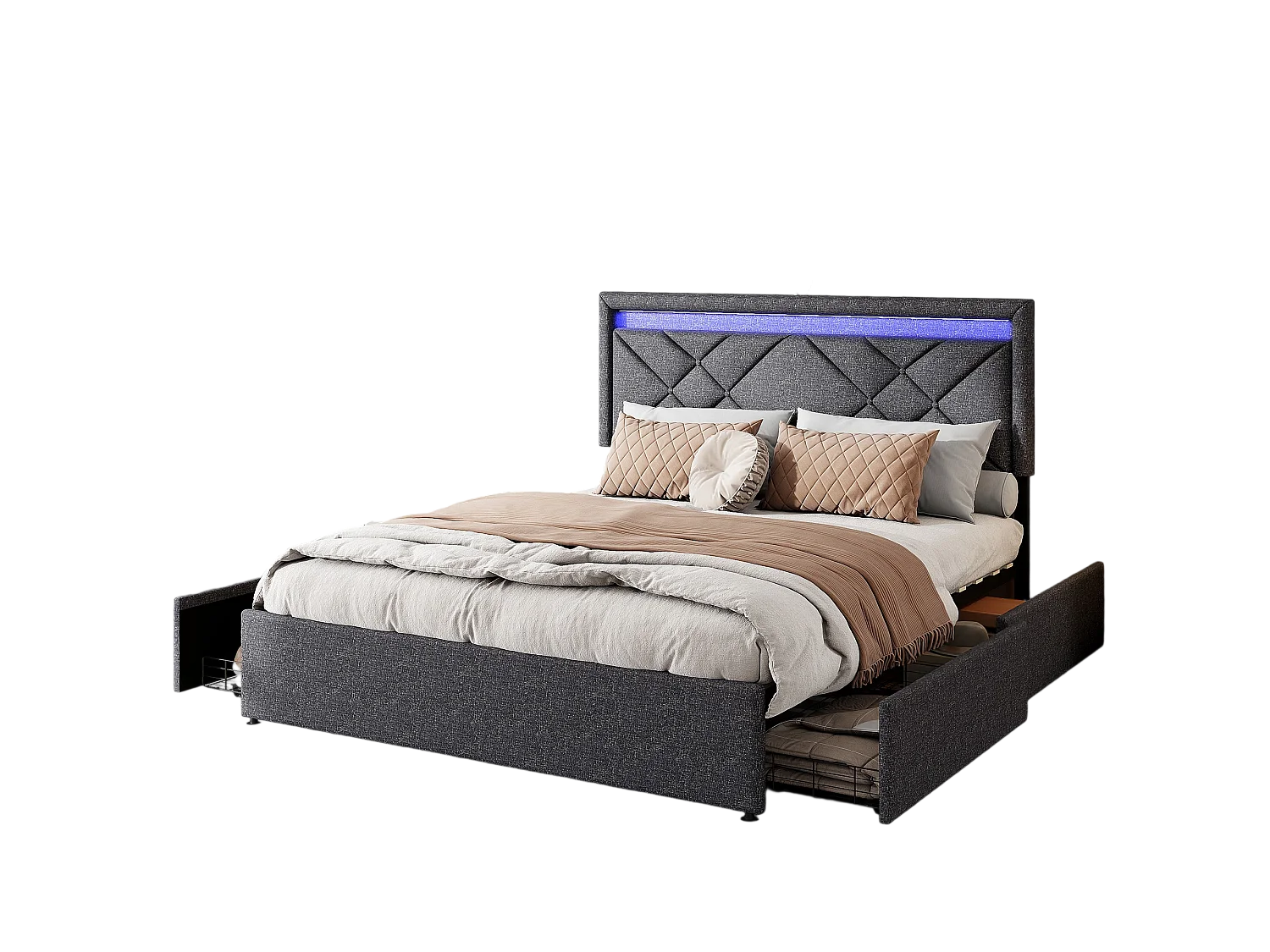 140x200 Opbergbed met USB en Type C, Gestoffeerd bed met lattenbodem en 4 lades, Tweepersoonsbed