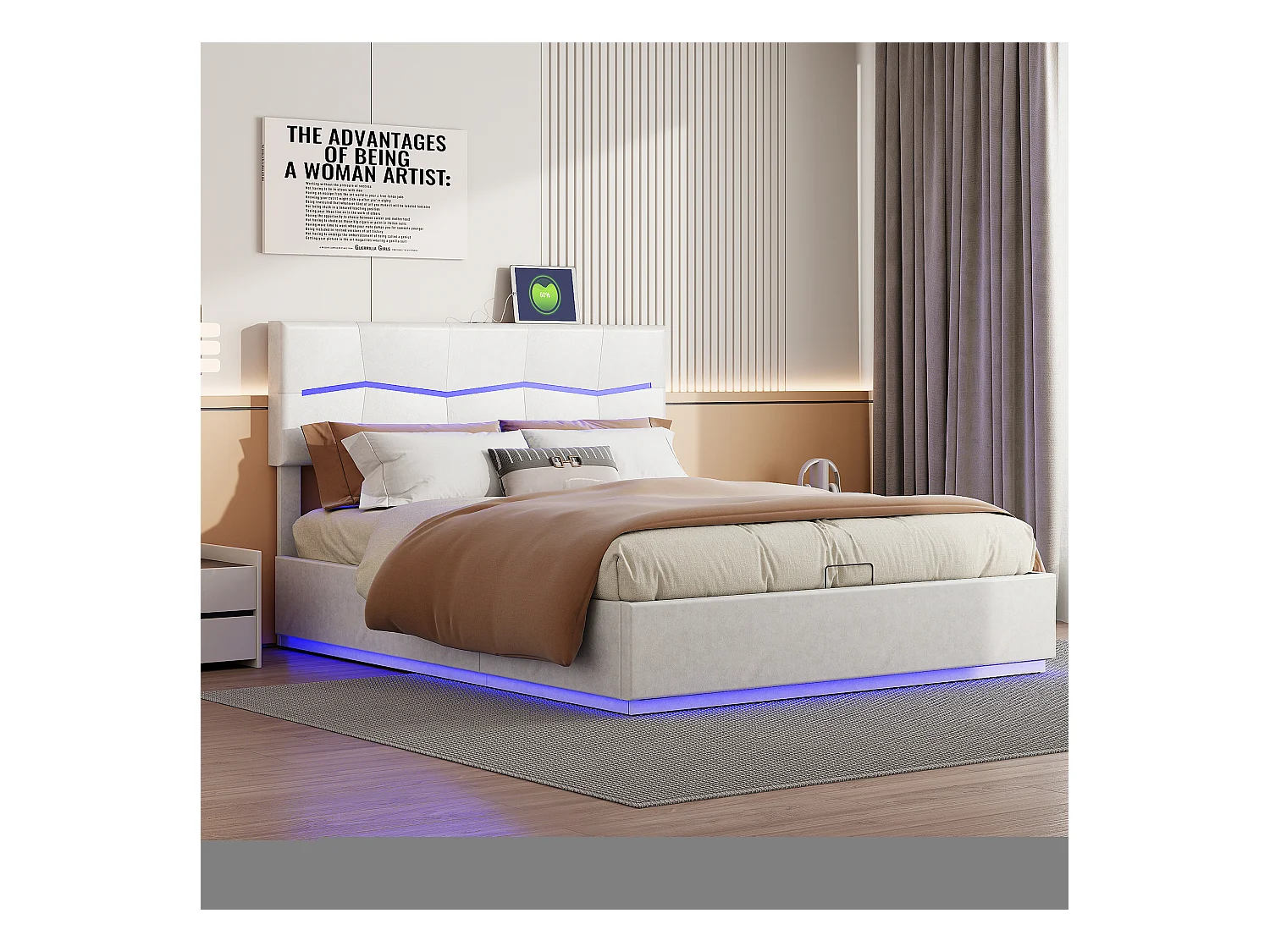 Lit Coffre 180x200 Cm Avec LED Et USB, Lit Double Avec Grand Rangement, Pu, Blanc