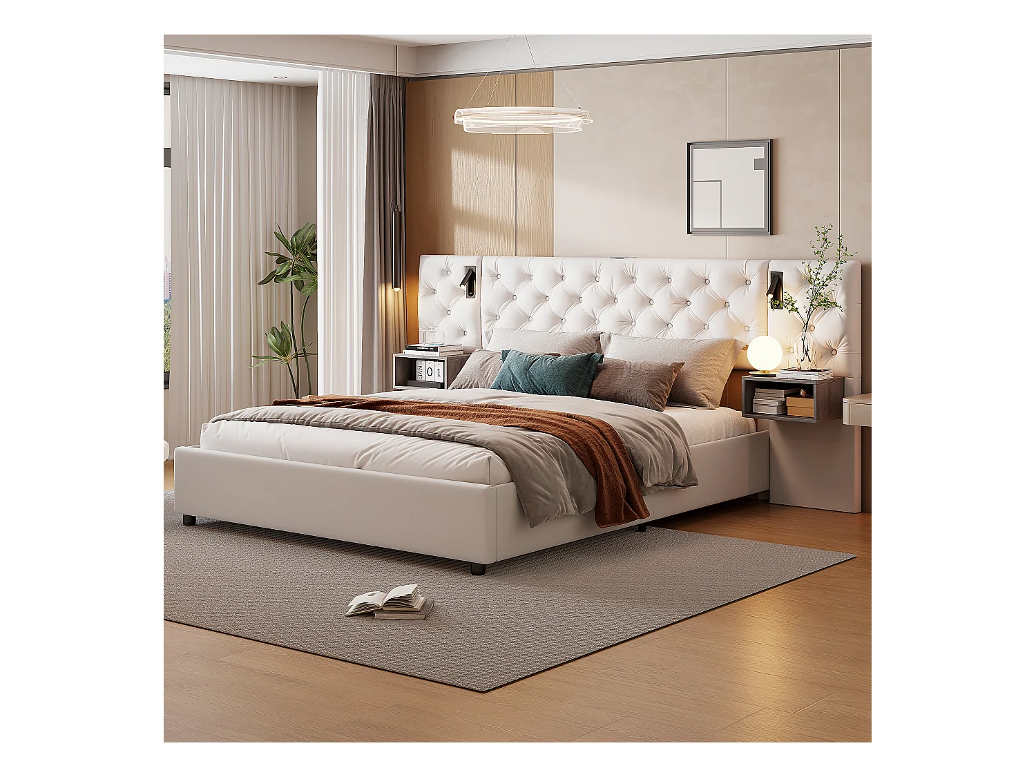Polsterbett 160x200cm mit USB und Leselampe, Doppelbett mit Stauraum, Samt, Beige