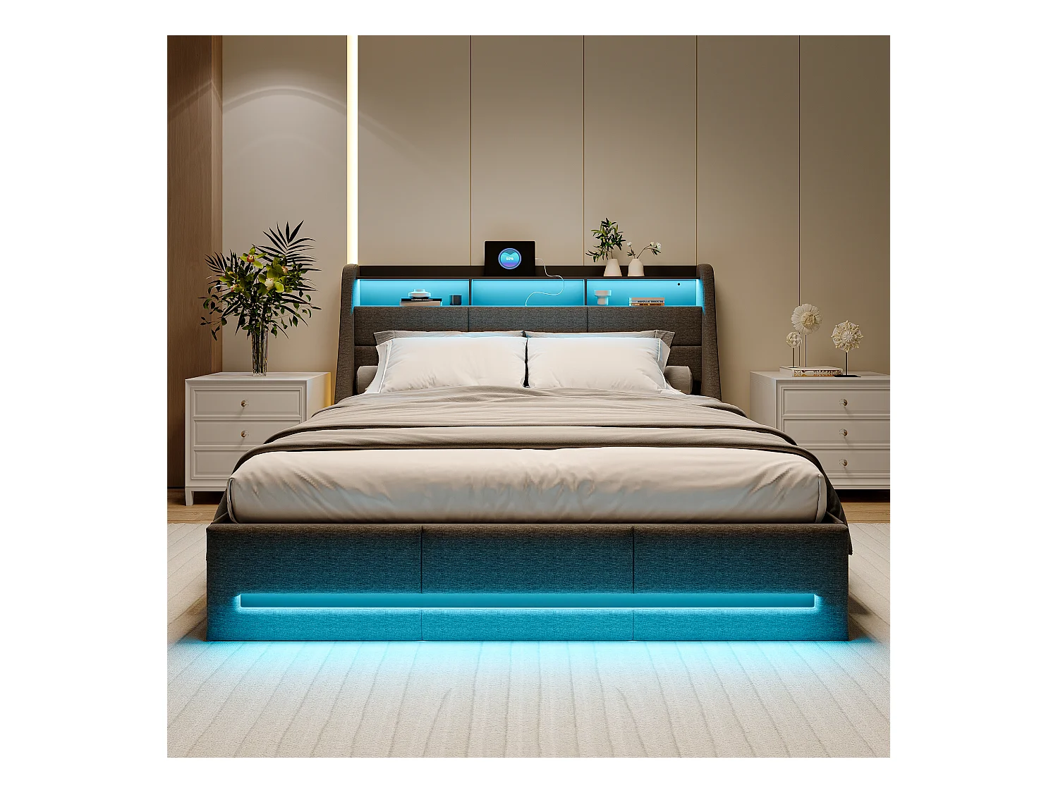 Lit Coffre 160x200 Avec Sommier, Lit Coffre Avec Port USB De Type C, Éclairage LED, Lin, Gris