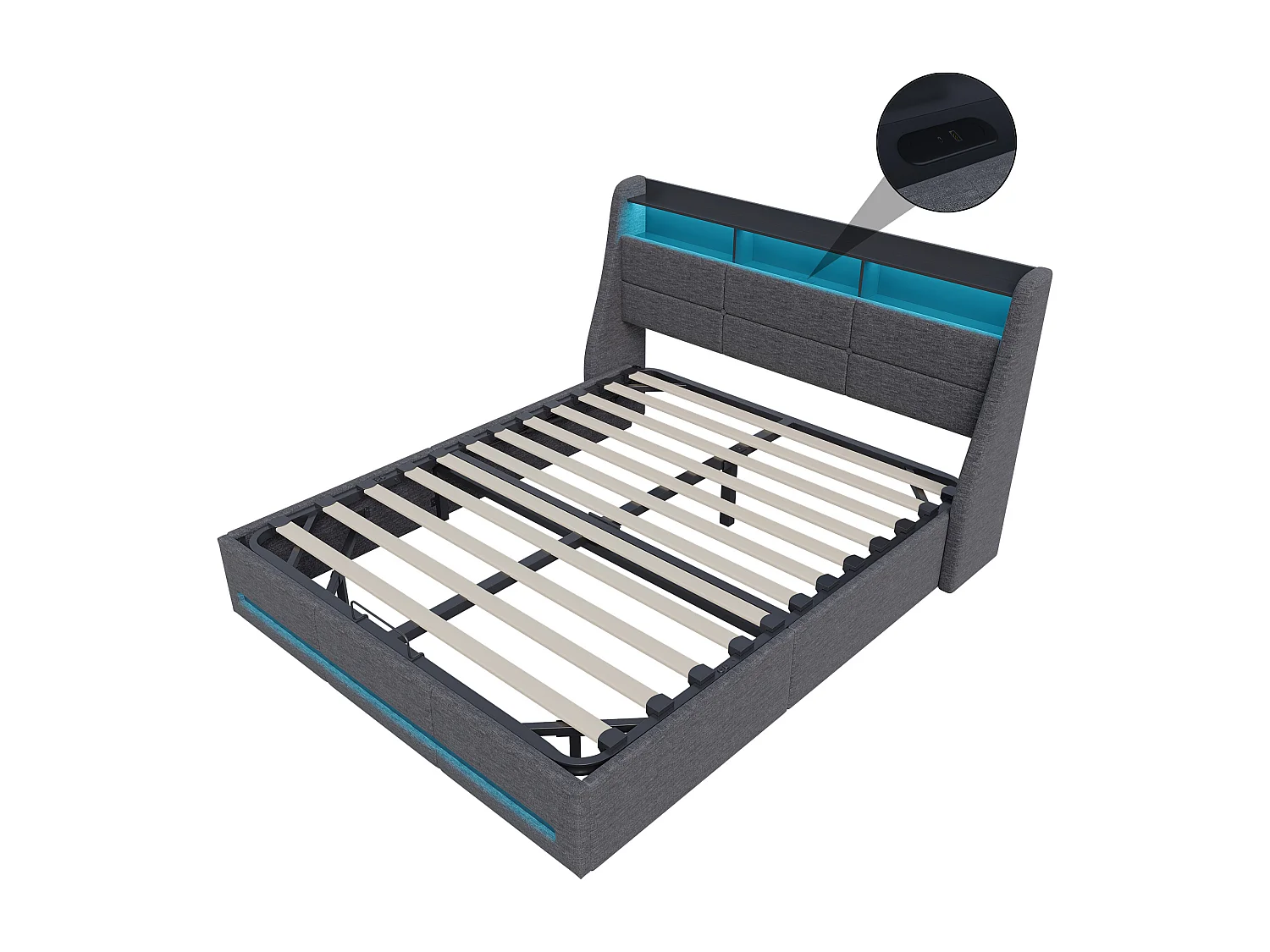 160x200 opbergbed met basis, opbergbed met USB Type C-poort, LED-verlichting, linnen, grijs