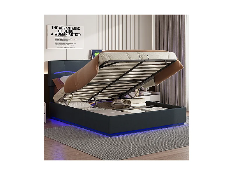 Stauraumbett 140x200 cm mit LED und USB, Doppelbett mit großem Stauraum, Pu, Schwarz