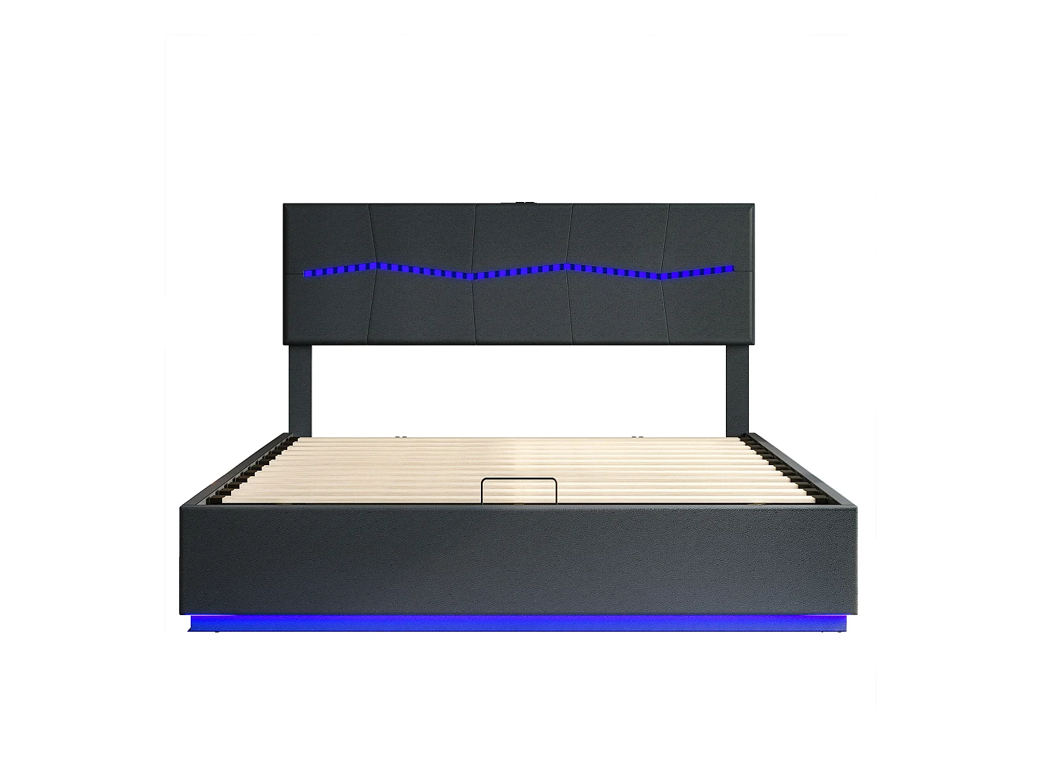 Lit Coffre 140x200 Cm Avec LED Et USB, Lit Double Avec Grand Rangement, Pu, Noir