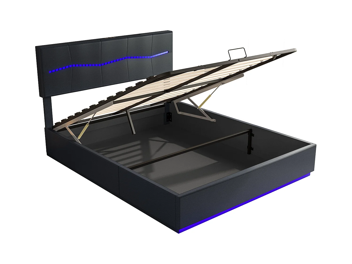 Letto contenitore 140x200 cm con LED e USB, letto matrimoniale con ampio contenitore, PU, nero