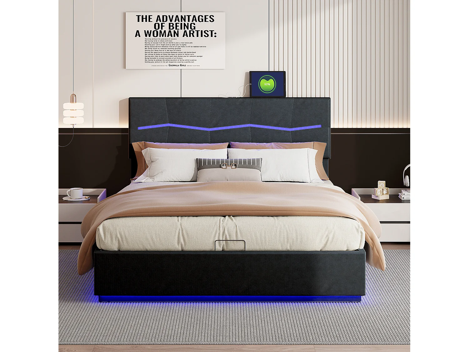 Opbergbed 140x200 cm met LED en USB, tweepersoonsbed met grote opbergruimte, PU, zwart