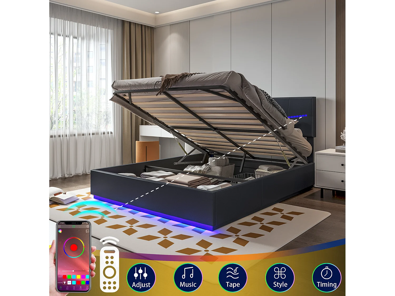 Opbergbed 140x200 cm met LED en USB, tweepersoonsbed met grote opbergruimte, PU, zwart