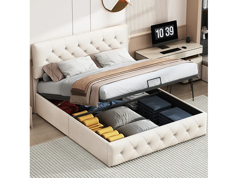 Letto contenitore 160x200 cm, struttura letto con testiera e rete a doghe, velluto, beige