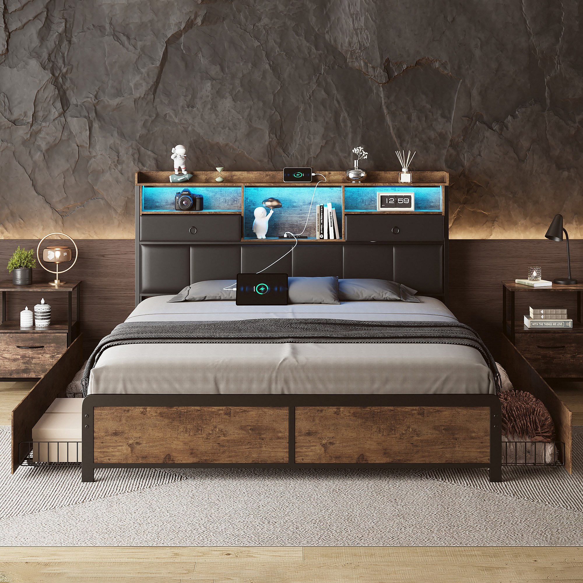 Metall-Doppelbett 140x200cm, Jugendbett mit LED und Ablage ...