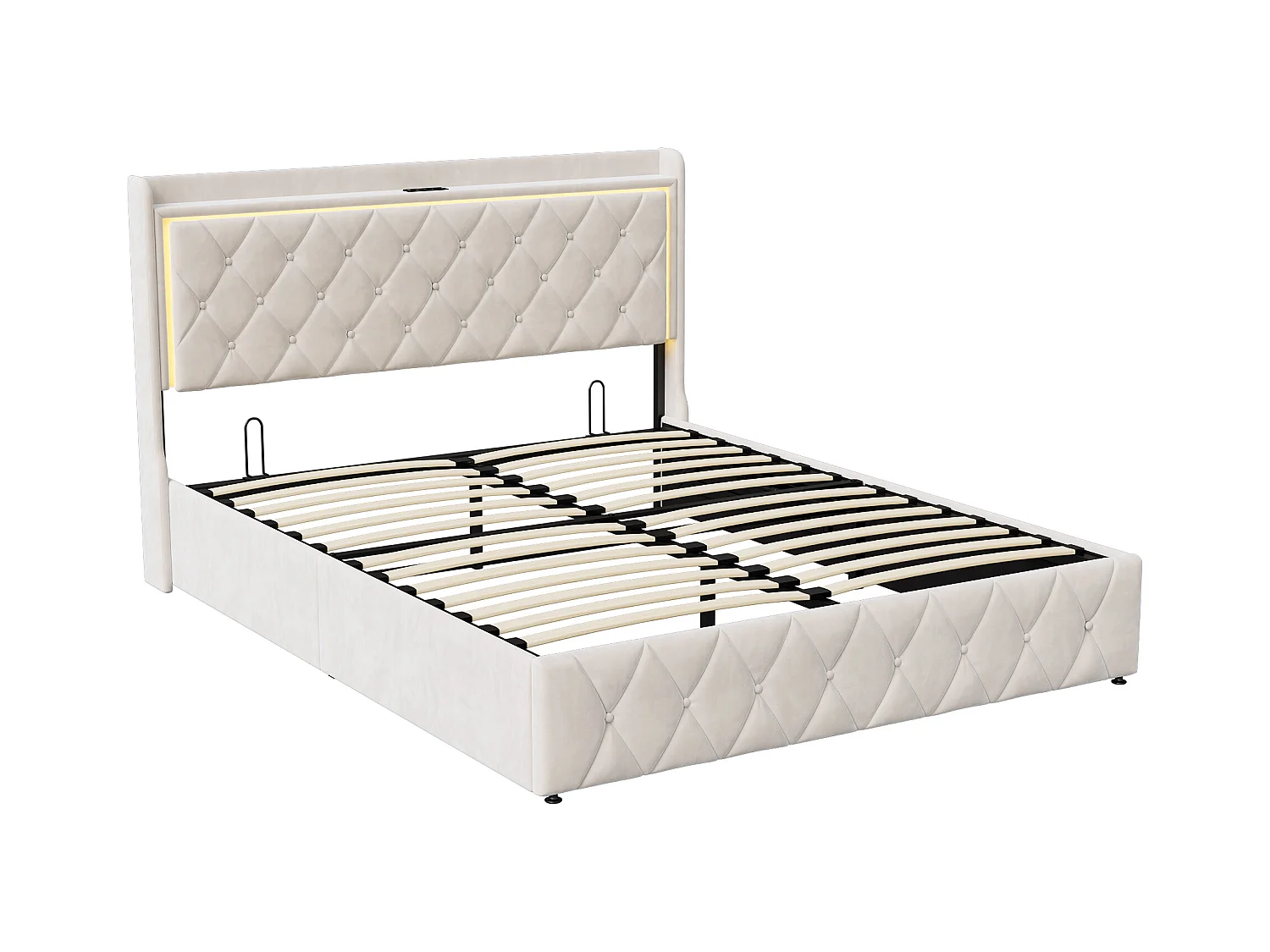 Lit Coffre 140x200 Cm, Lit Capitonné Avec Rangement Et USB De Type C, LED, Velours, Beige