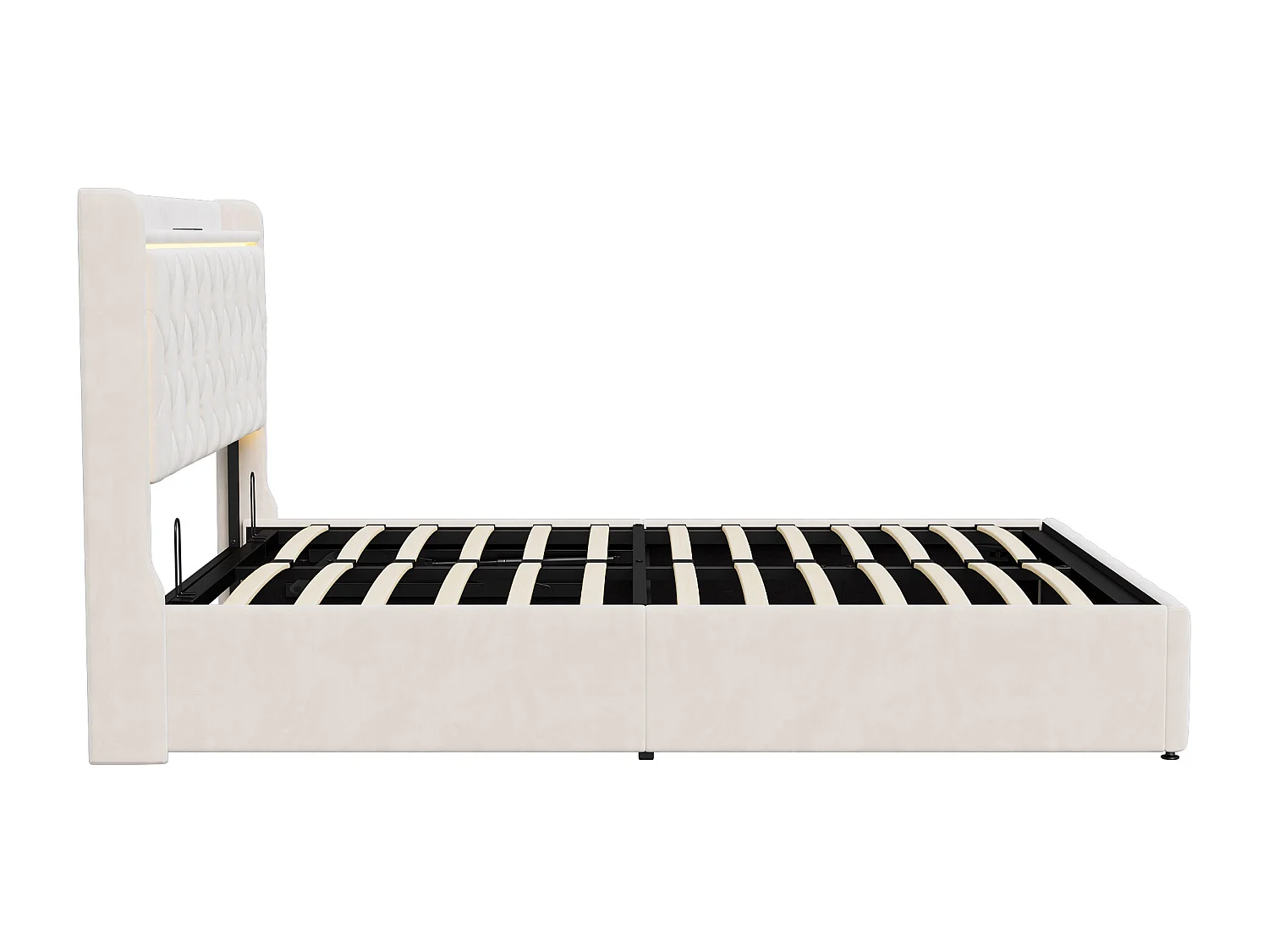 Lit Coffre 140x200 Cm, Lit Capitonné Avec Rangement Et USB De Type C, LED, Velours, Beige