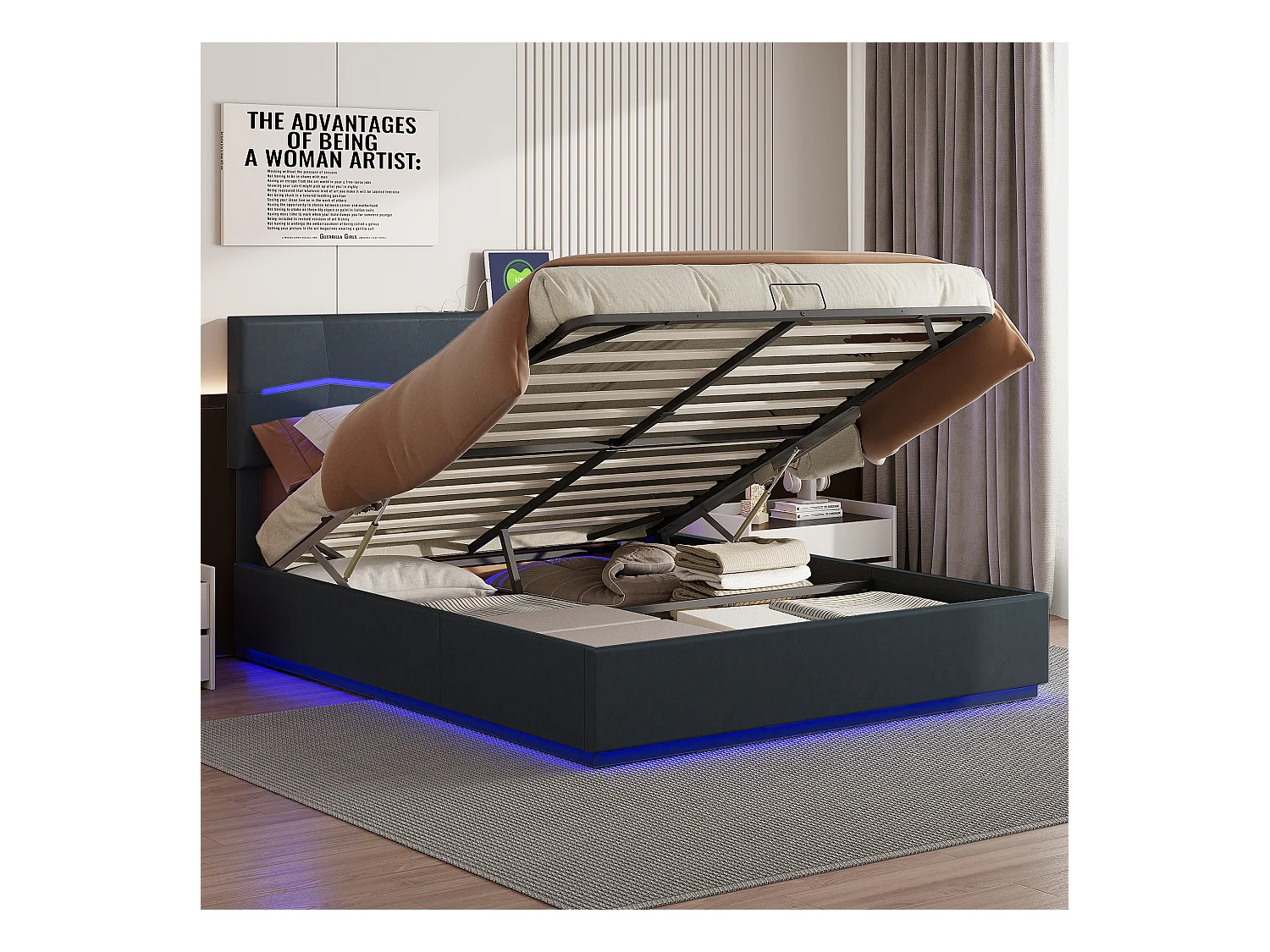 Lit Coffre 180x200 Cm Avec LED Et USB, Lit Double Avec Grand Rangement, Pu, Noir