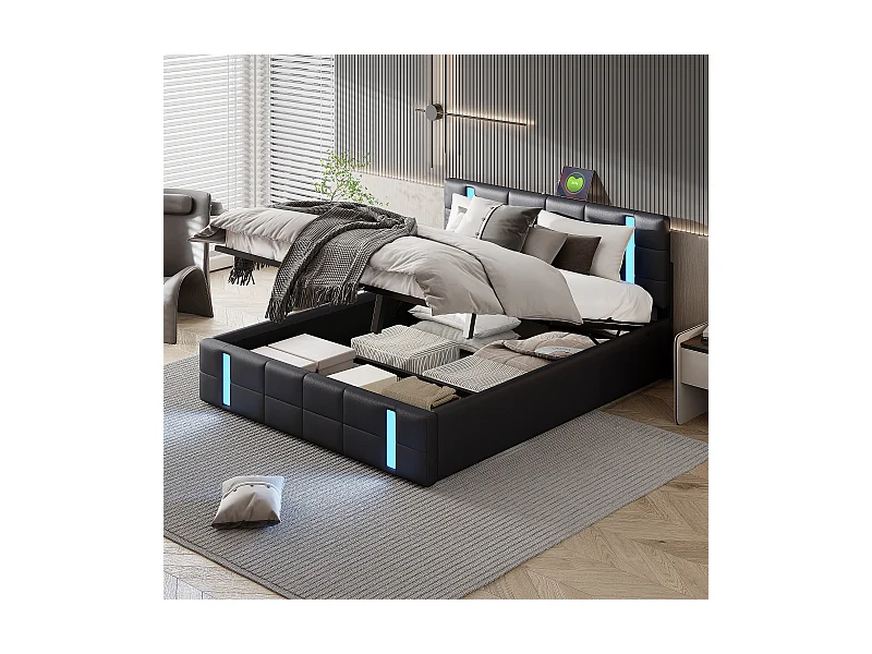 140x200 Stauraumbett mit USB und Typ C, Polsterbett mit Lattenrost, Doppelbett, Schwarz