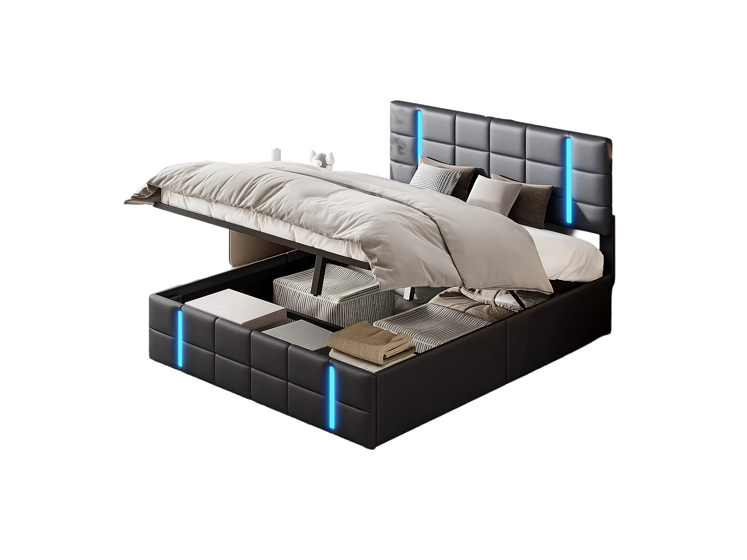 Cama de armazenamento 140x200 com USB e Tipo C, cama estofada com base de ripas, cama de casal, preta