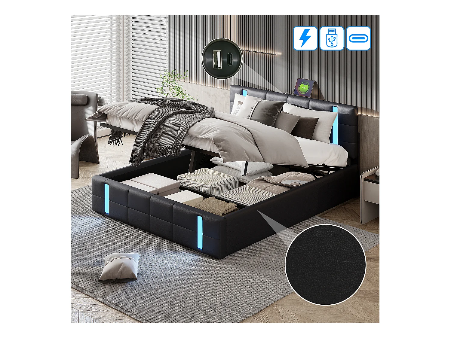 Cama de 140 x 200 cm con almacenaje, USB y tipo C, tapizada con somier de láminas, color negro