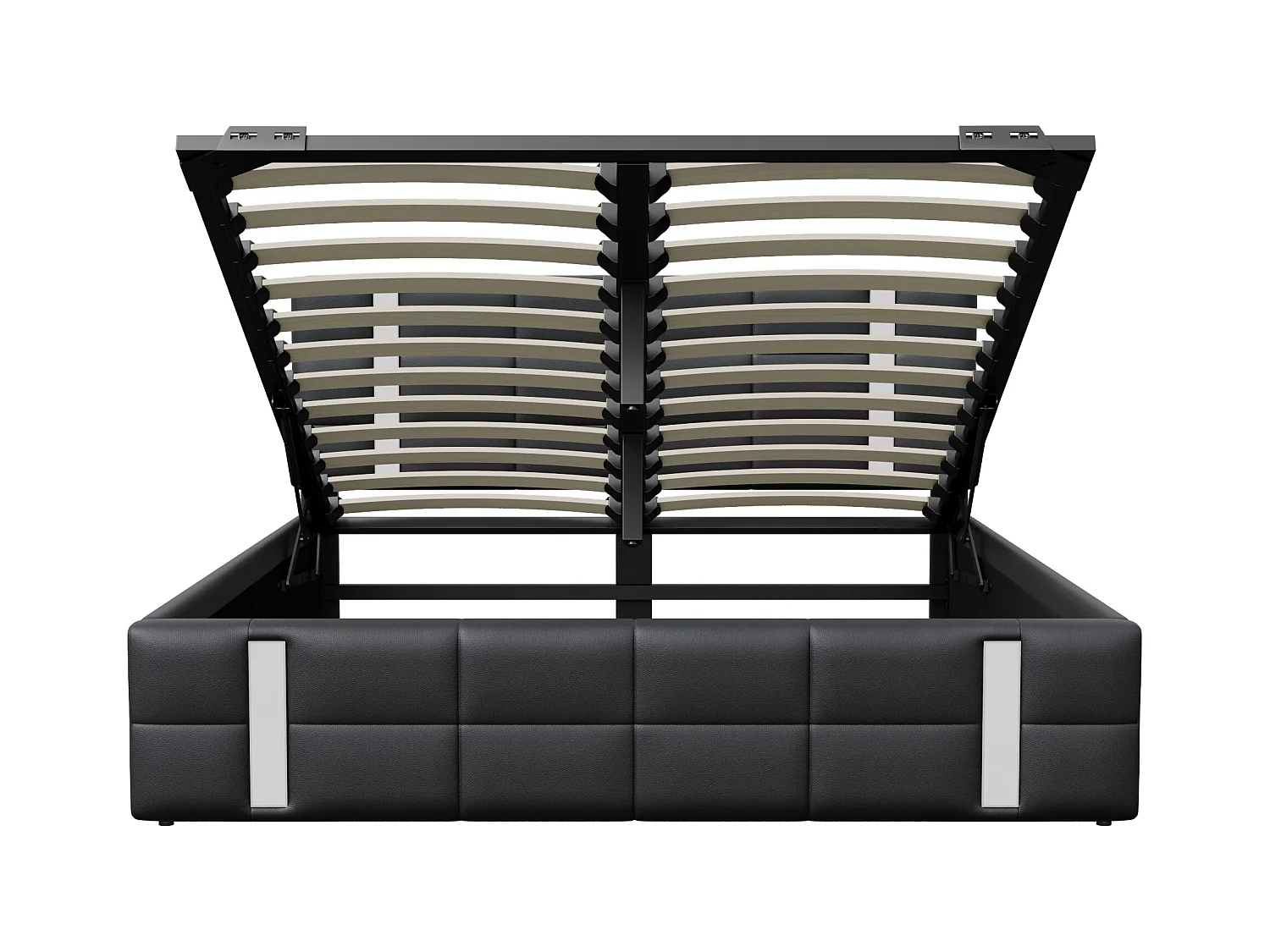 Cama de 140 x 200 cm con almacenaje, USB y tipo C, tapizada con somier de láminas, color negro