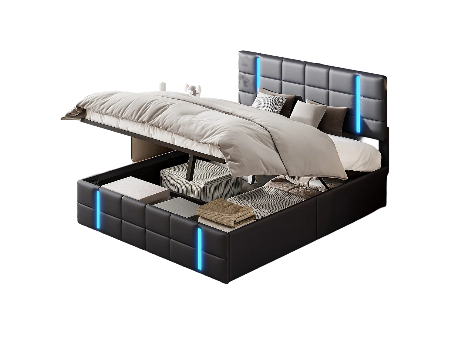 Lit Coffre 140x200 Avec USB Et Type C, Lit Capitonné Avec Sommier à Lattes, Lit Double, Noir