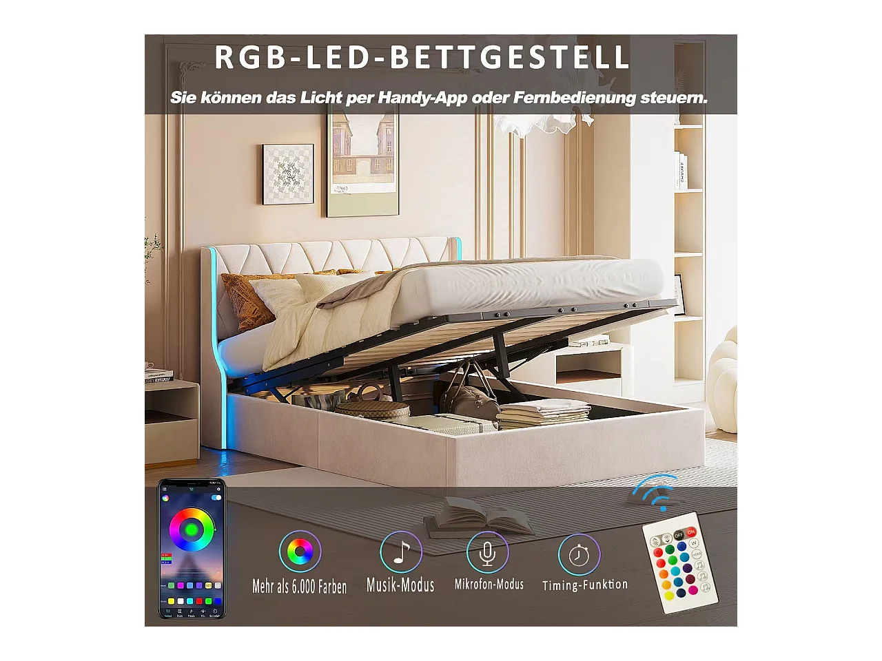 Lit Coffre 140x200 Avec Rangement Et LED, Lit Capitonné Avec Sommier à Lattes, Lit Double, Beige