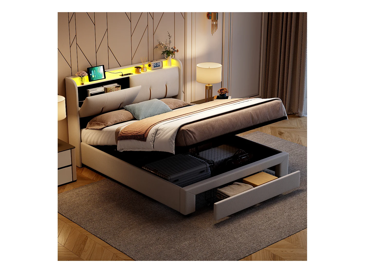 140 x 200 cm Bett mit Stauraum, LED, Lattenrost, USB Typ-C, weißer Samtbezug