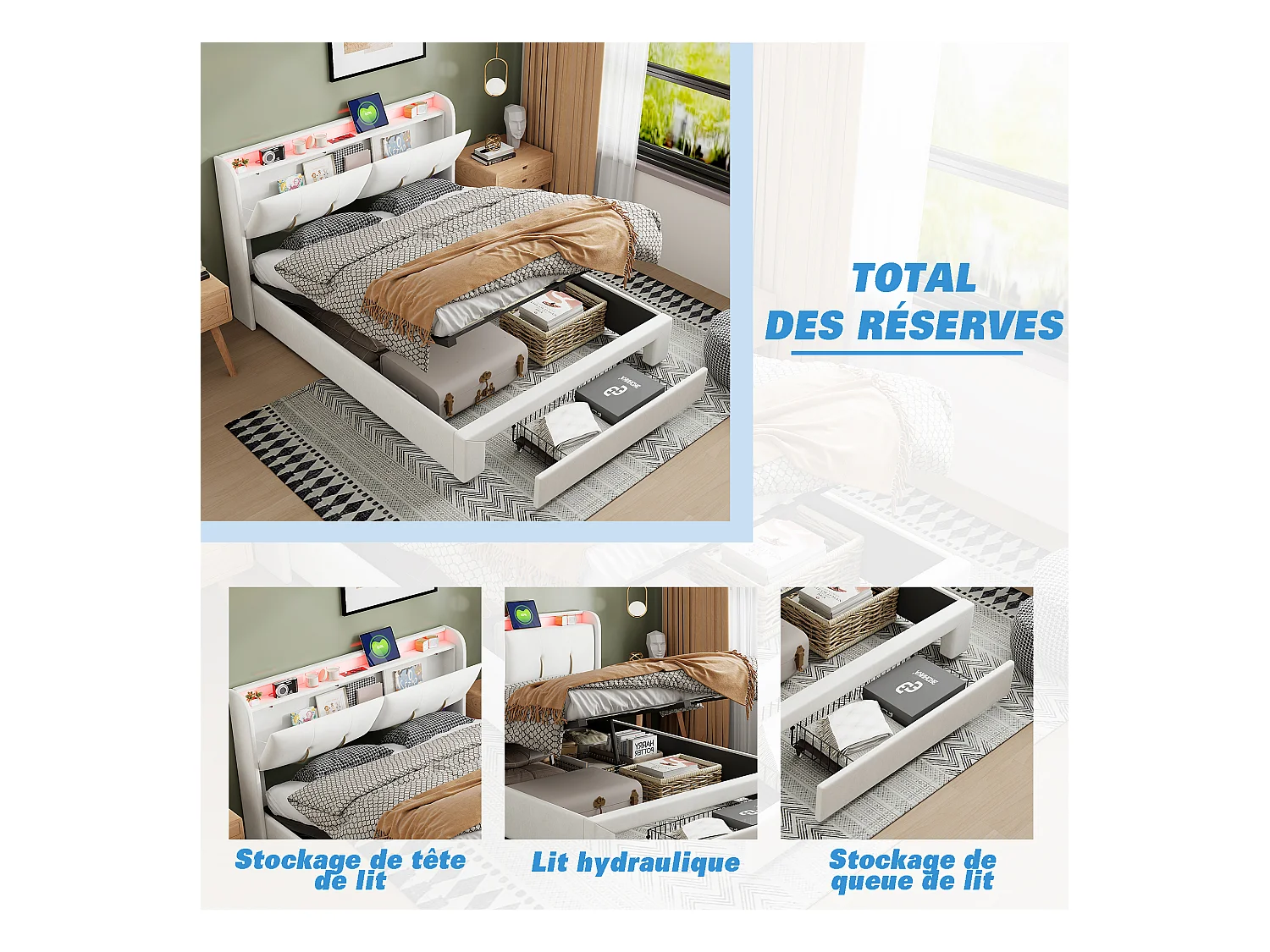 140 x 200 cm Bett mit Stauraum, LED, Lattenrost, USB Typ-C, weißer Samtbezug