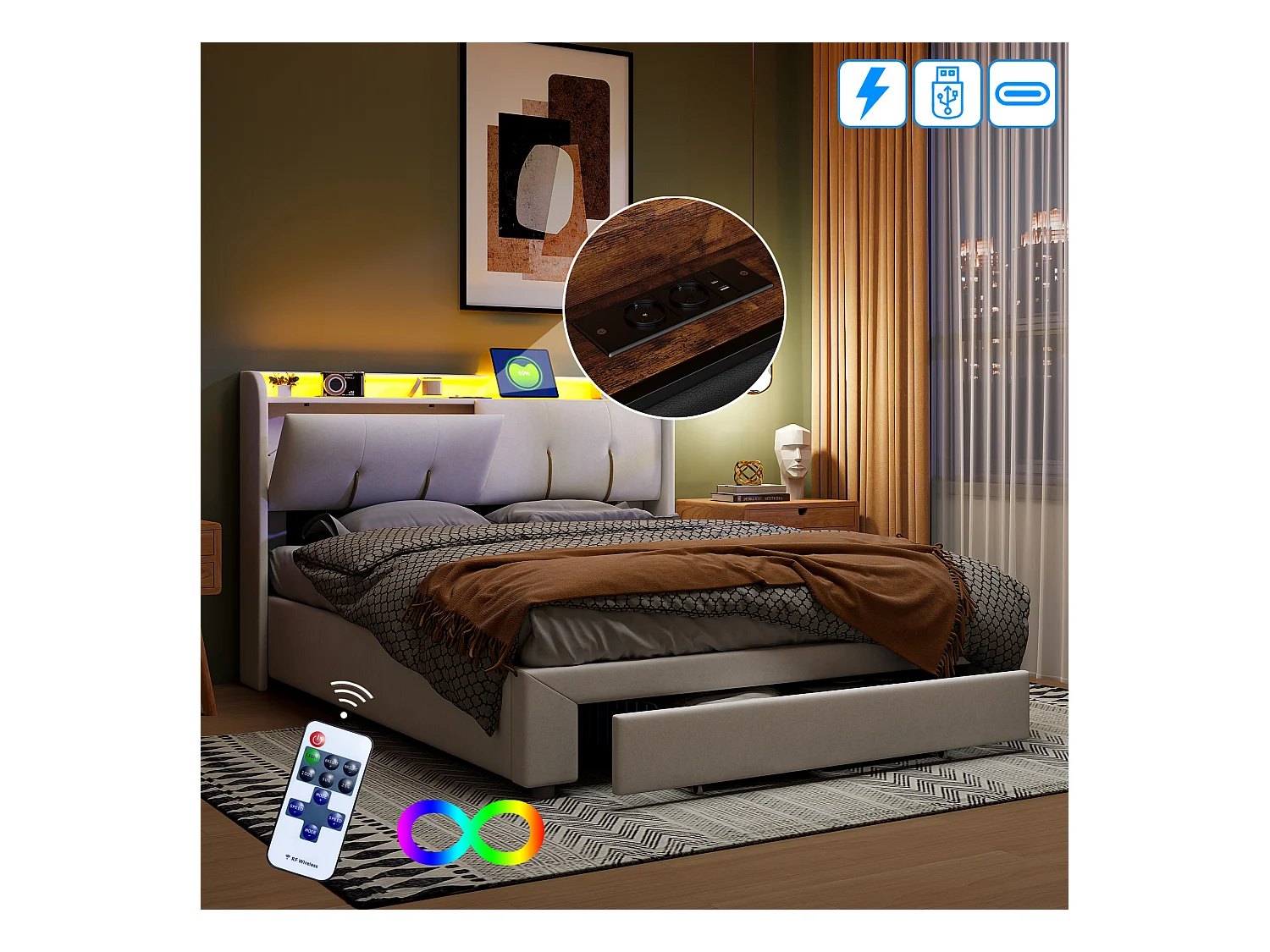 140 x 200 cm Bett mit Stauraum, LED, Lattenrost, USB Typ-C, weißer Samtbezug