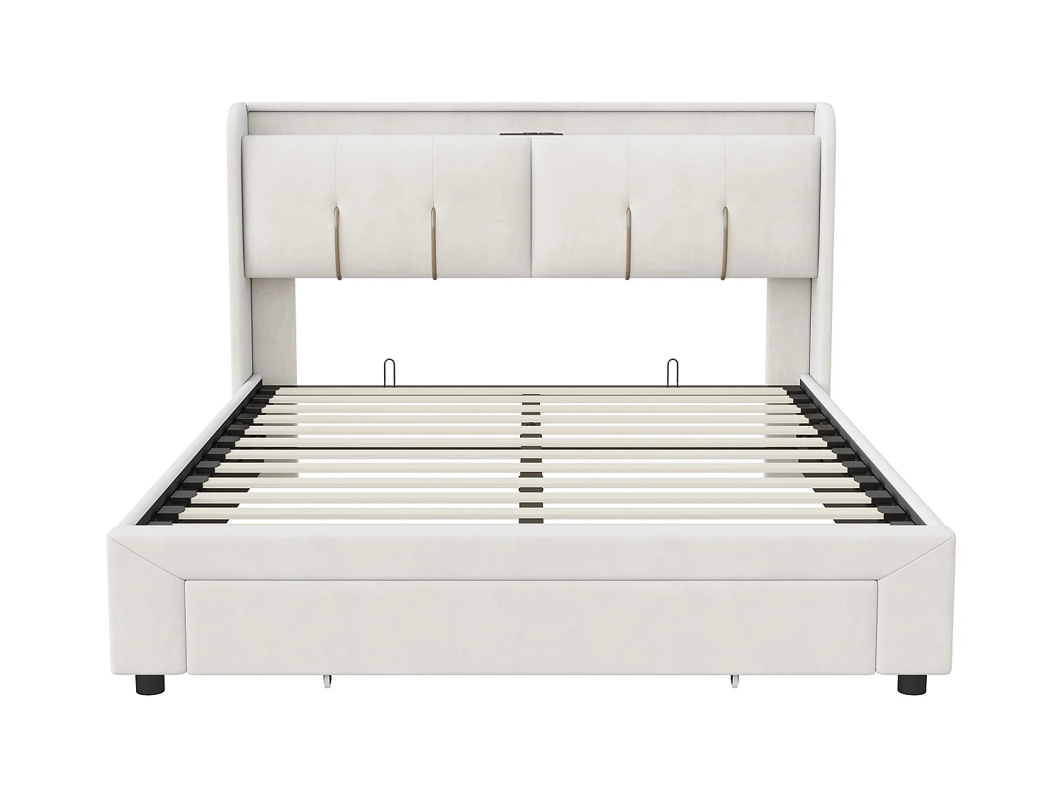 140 x 200 cm Bett mit Stauraum, LED, Lattenrost, USB Typ-C, weißer Samtbezug