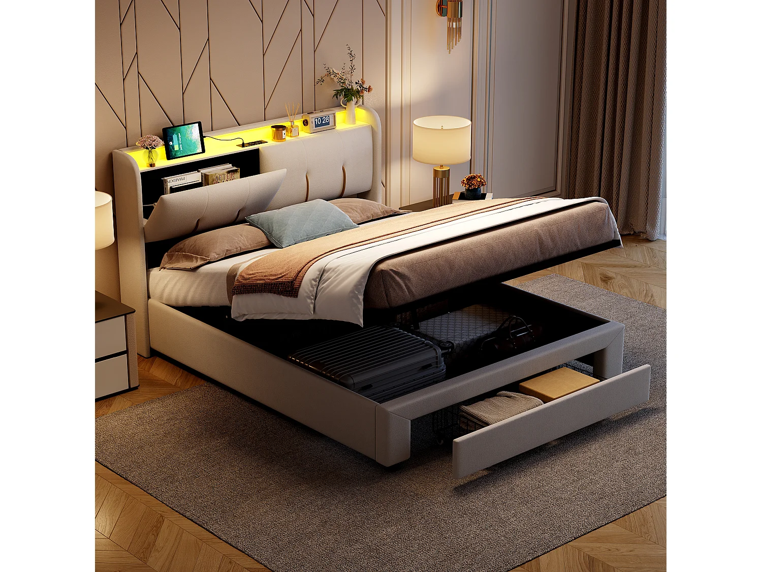 Lit Coffre 140x200 Cm Avec LED, Sommier à Lattes, USB Type-c, Capitonné Velours Blanc