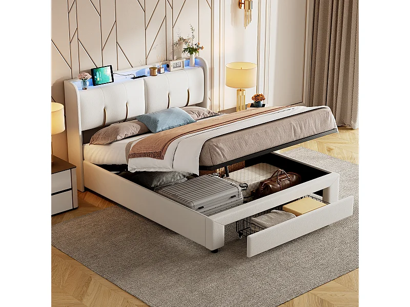 Lit Coffre 140x200 Cm Avec LED, Sommier à Lattes, USB Type-c, Capitonné Velours Blanc
