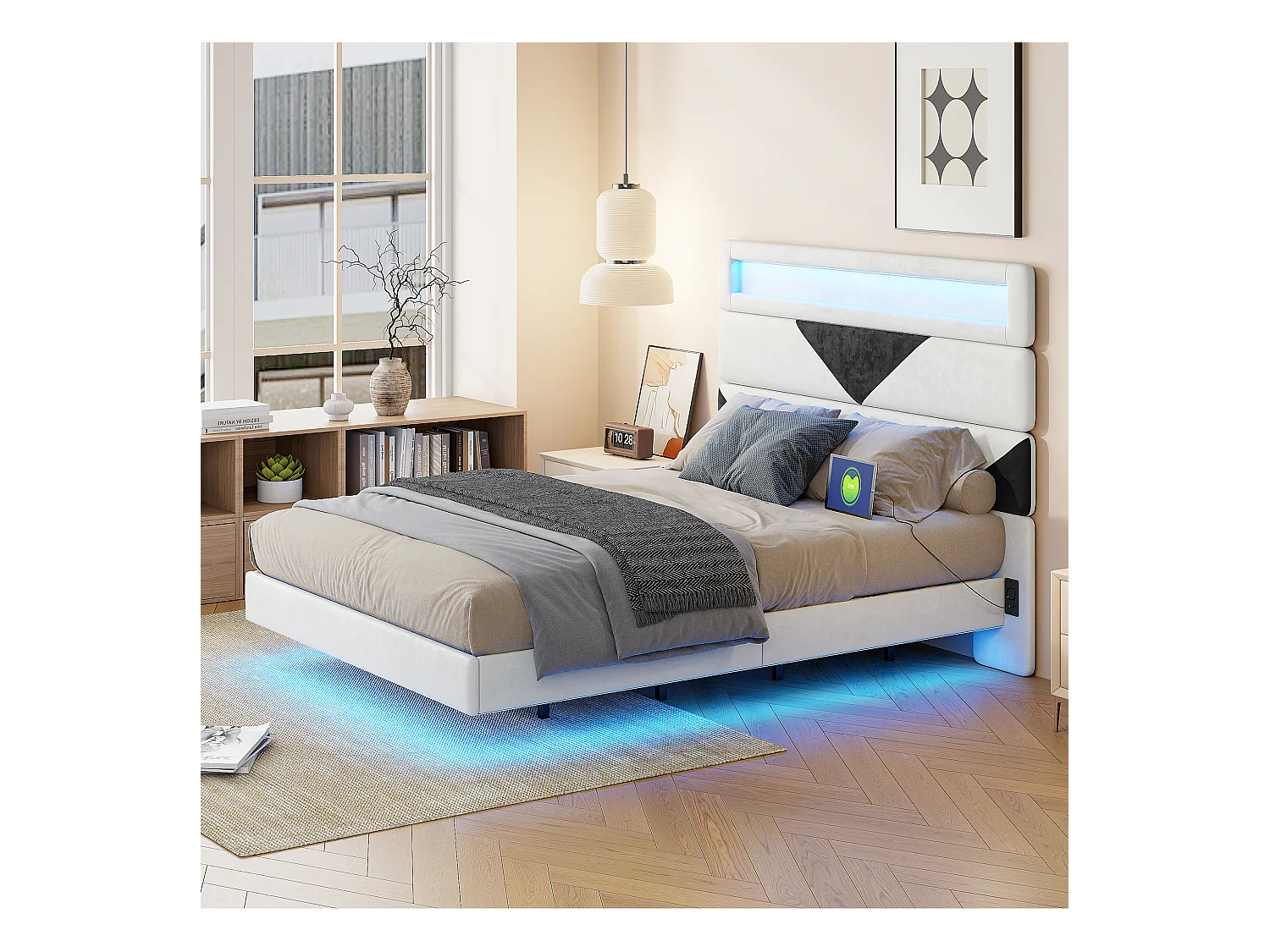 Cama estofada 160x200cm com USB e LED, cama com arrumação e cabeceira triangular, veludo, branco e preto
