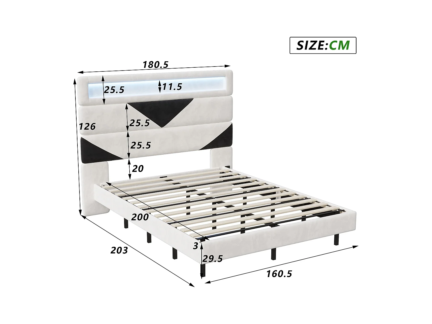 Cama estofada 160x200cm com USB e LED, cama com arrumação e cabeceira triangular, veludo, branco e preto