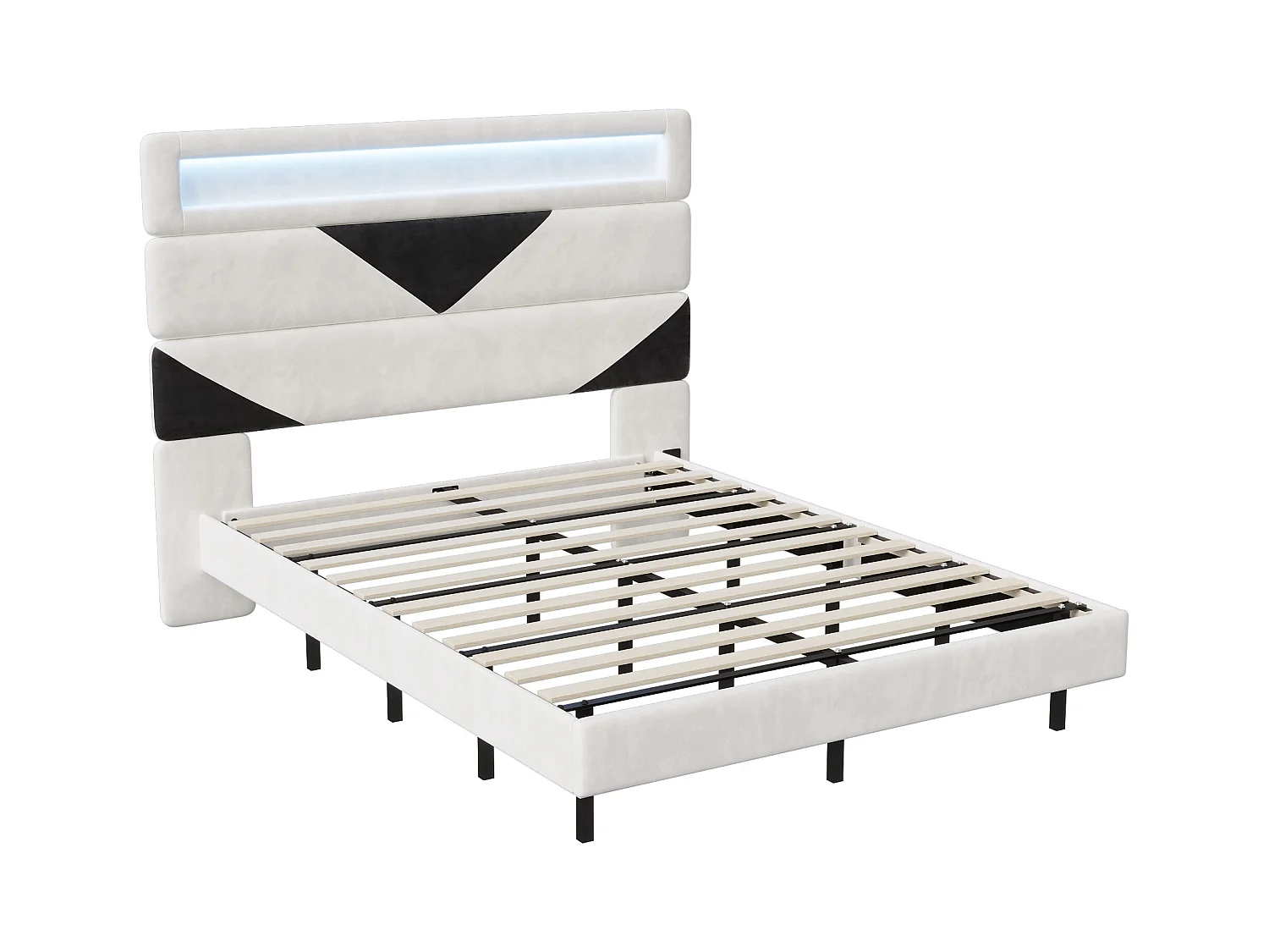 Cama estofada 160x200cm com USB e LED, cama com arrumação e cabeceira triangular, veludo, branco e preto
