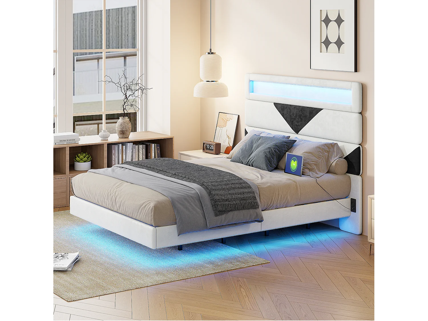 Gestoffeerd bed 160x200cm met USB en LED, opbergbed met driehoekig hoofdeinde, fluweel, wit en zwart