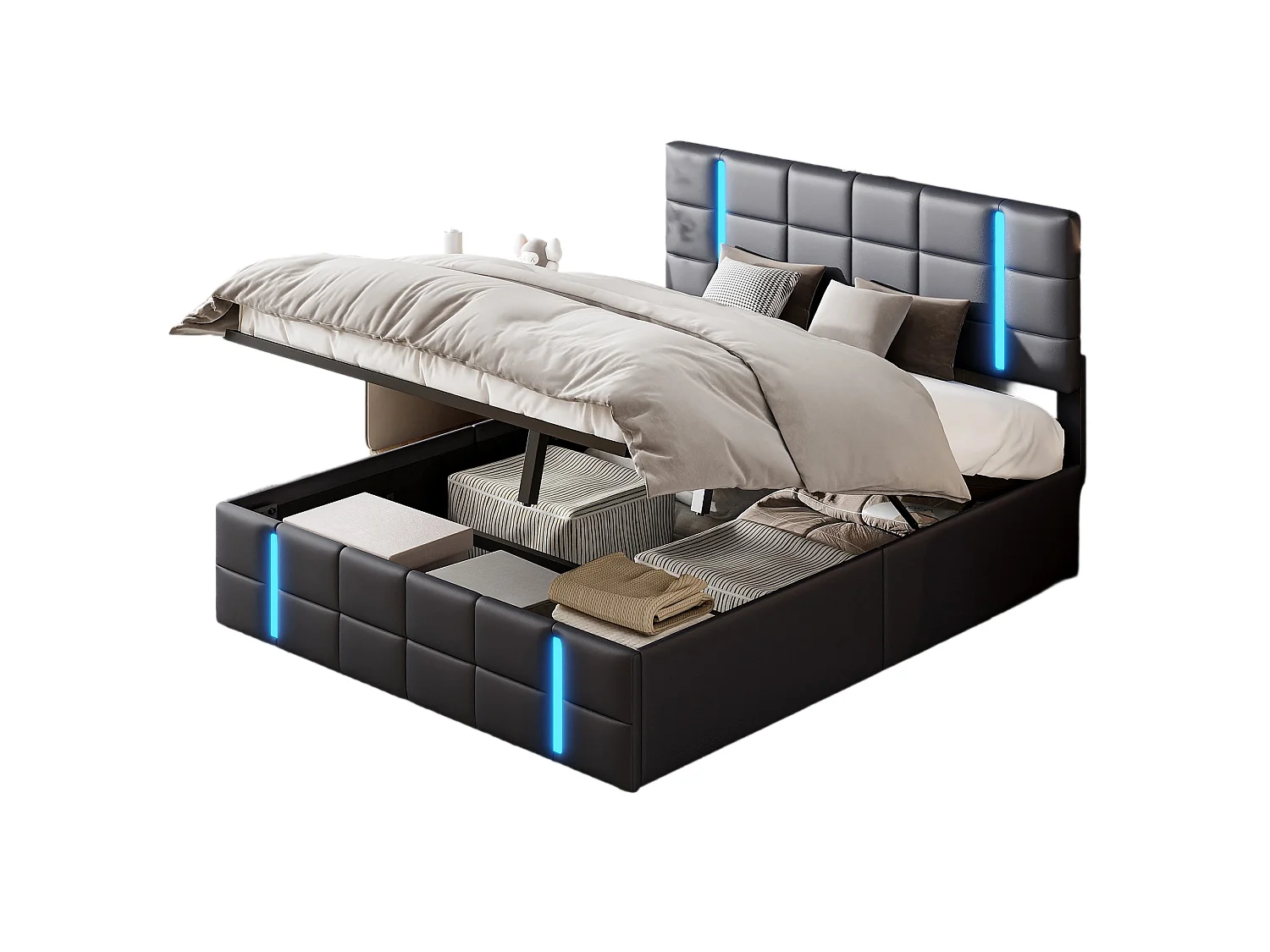 Lit Coffre 160x200 Avec USB Et Type C, Lit Capitonné Avec Sommier à Lattes, Lit Double, Noir