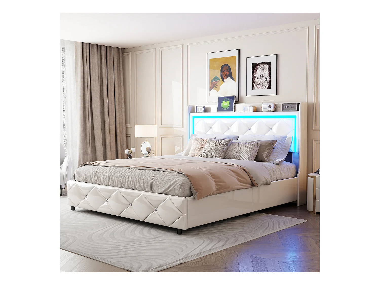 Lit Rembourré 160x200cm Avec USB, Lit Double, Lit Rangement Avec LED,simili Cuir, Cadre De Lit,blanc